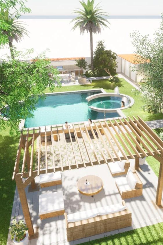 diseño 3d de patio con piscina y zona de descanso